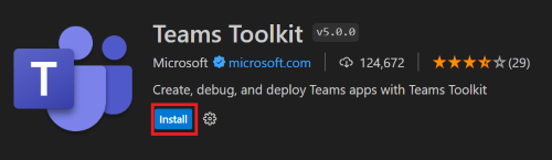 Screenshot shows the selection of Install option in Teams Toolkit.
